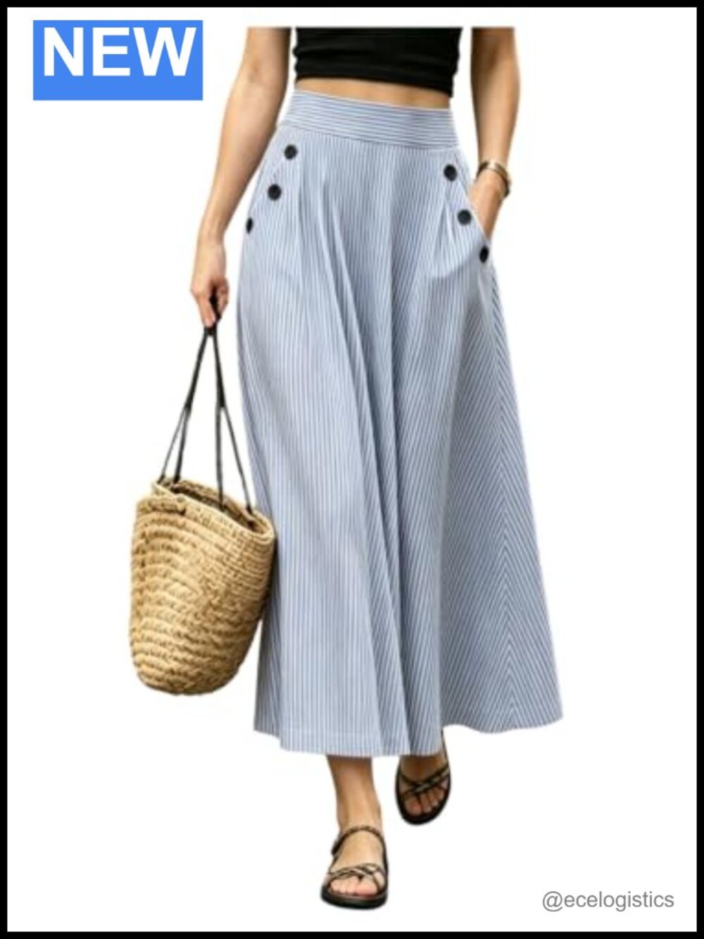 Striped High Waisted Button Front Maxi Skirt Flowy Long